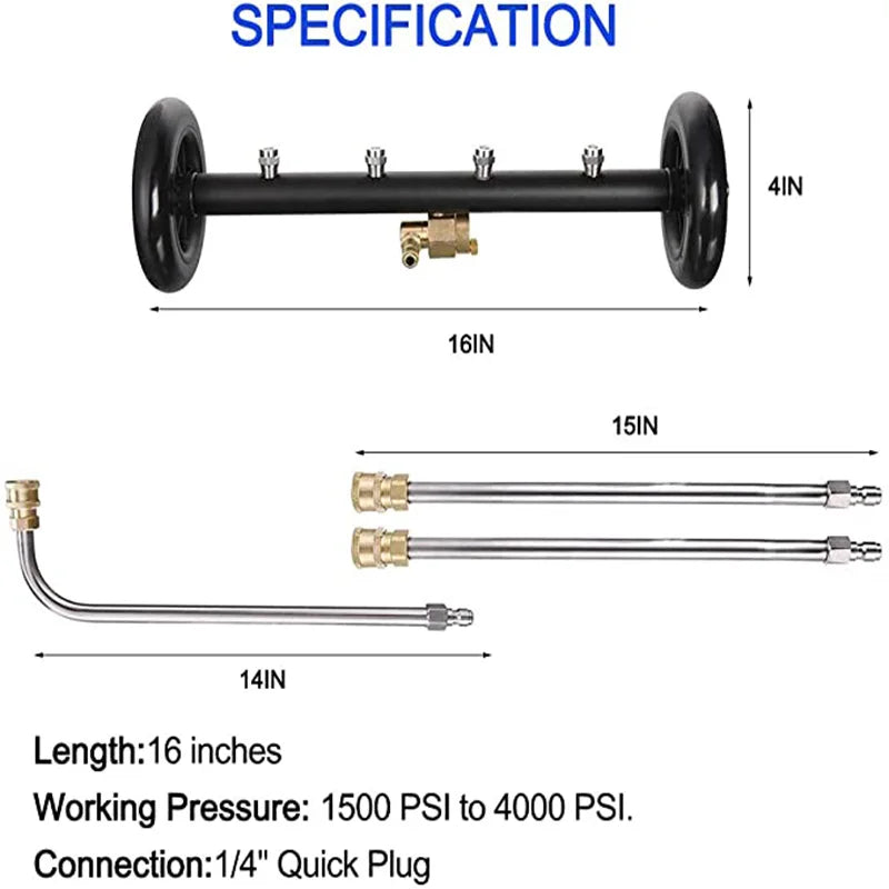 16" Undercarriage Pressure Washer Water Broom + 3 Wands