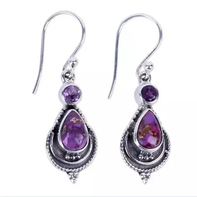 Zircon Moonstone Purple Agate Dangle Silver Hook Earrings