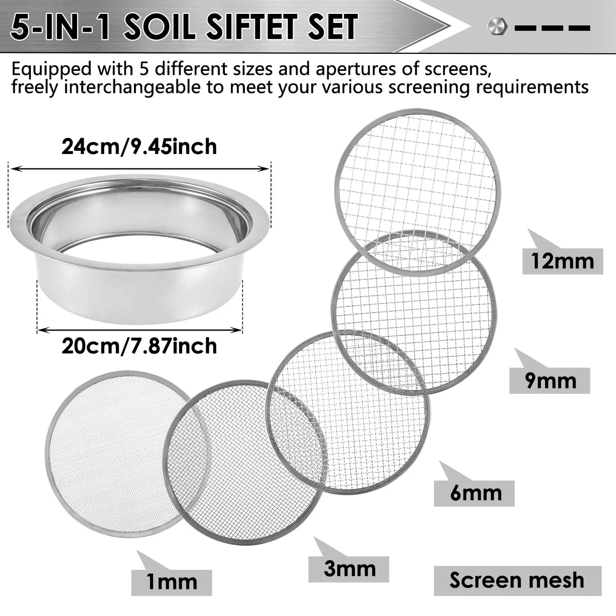 Stainless Steel Soil Sieve Set – 5 Interchangeable Meshes 9.45"