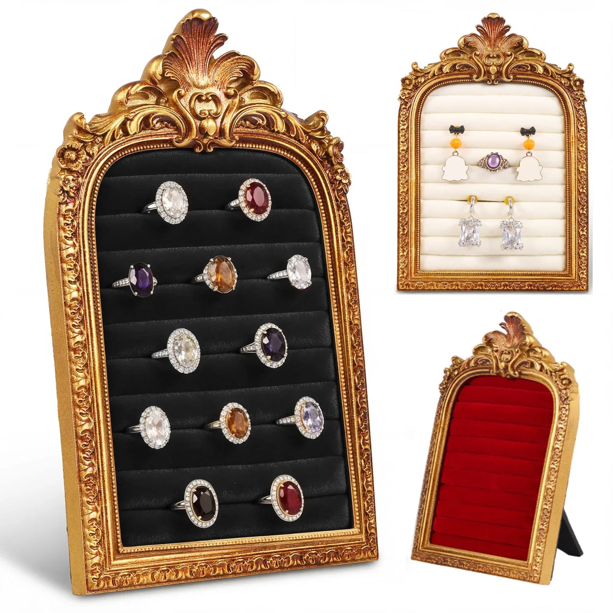 Vintage Gold Ring Display Stand & Velvet Earring Tray | Baroque