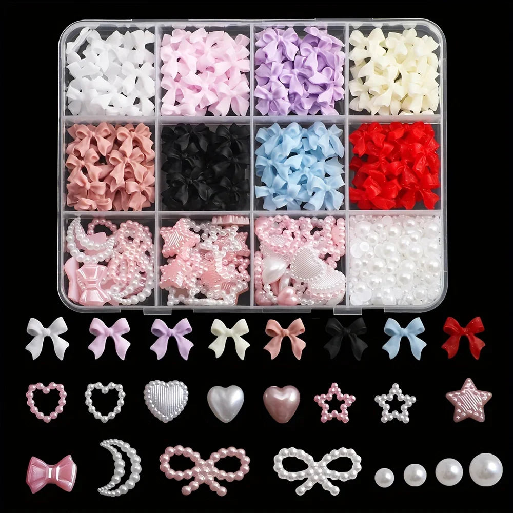 500PCS 3D Nail Art Kit – Resin Bows, Pearls & Shapes
