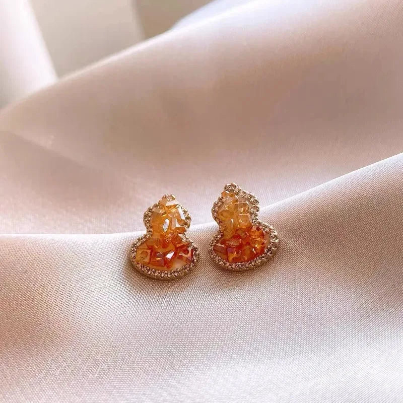 Gradient Crystal Gourd Stud Earrings – Orange Zircon Silver