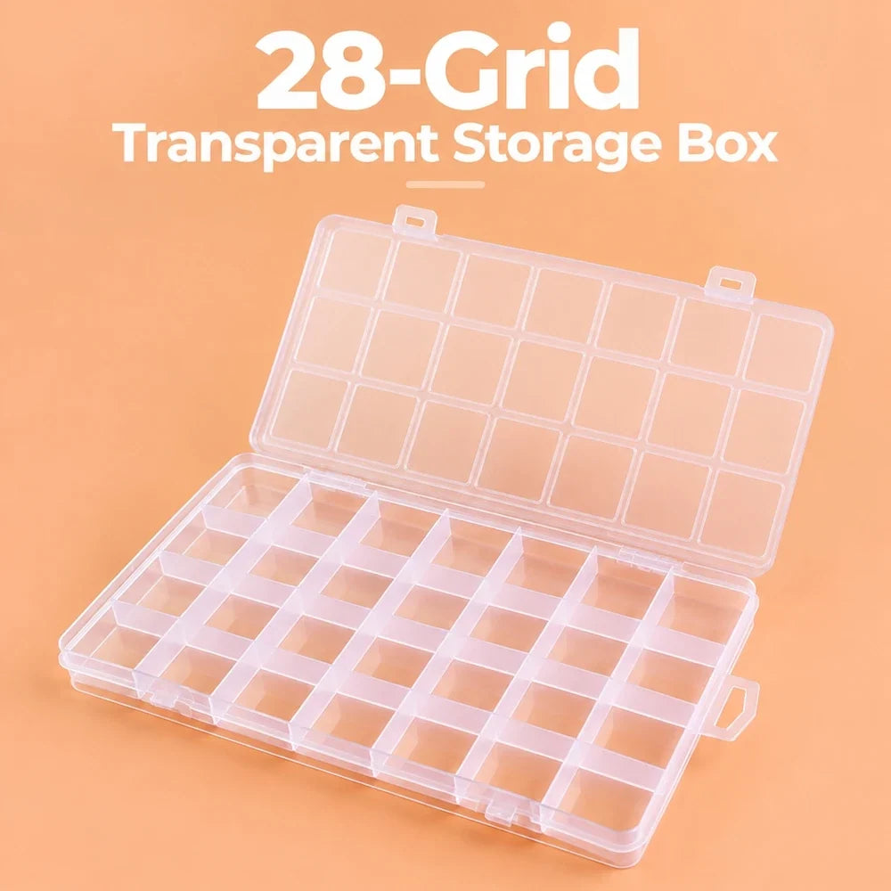 28-Cell Clear Plastic Storage Box with Dividers for Beads & Crafts