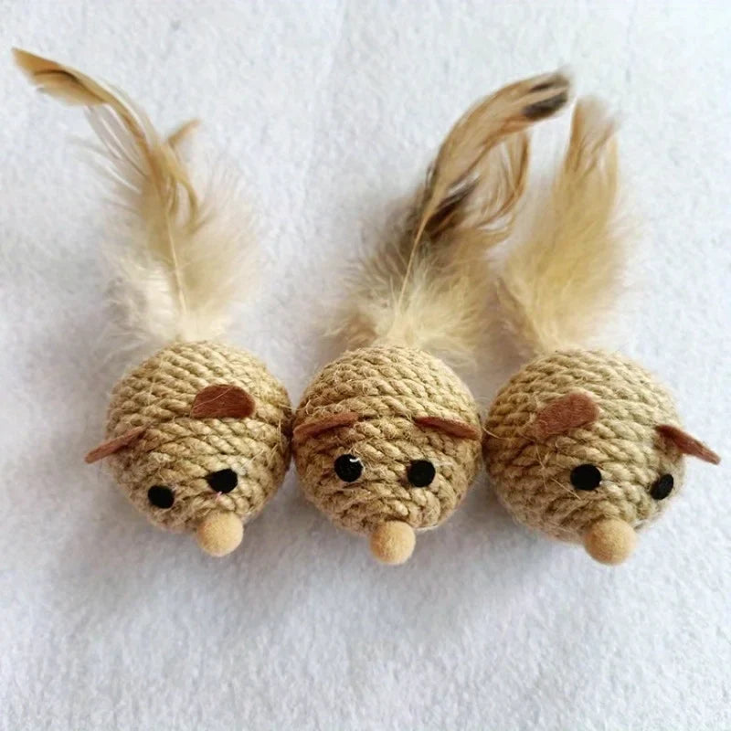 Rhinestone Feather Mouse Cat Toy – Hemp Rope & Glass Bell