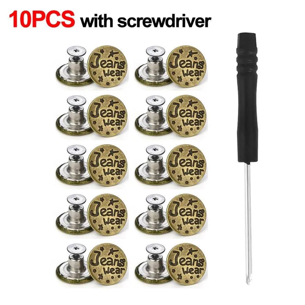 10-Pack No-Sew Jeans Buttons 17mm Metal Shank with Screwdriver