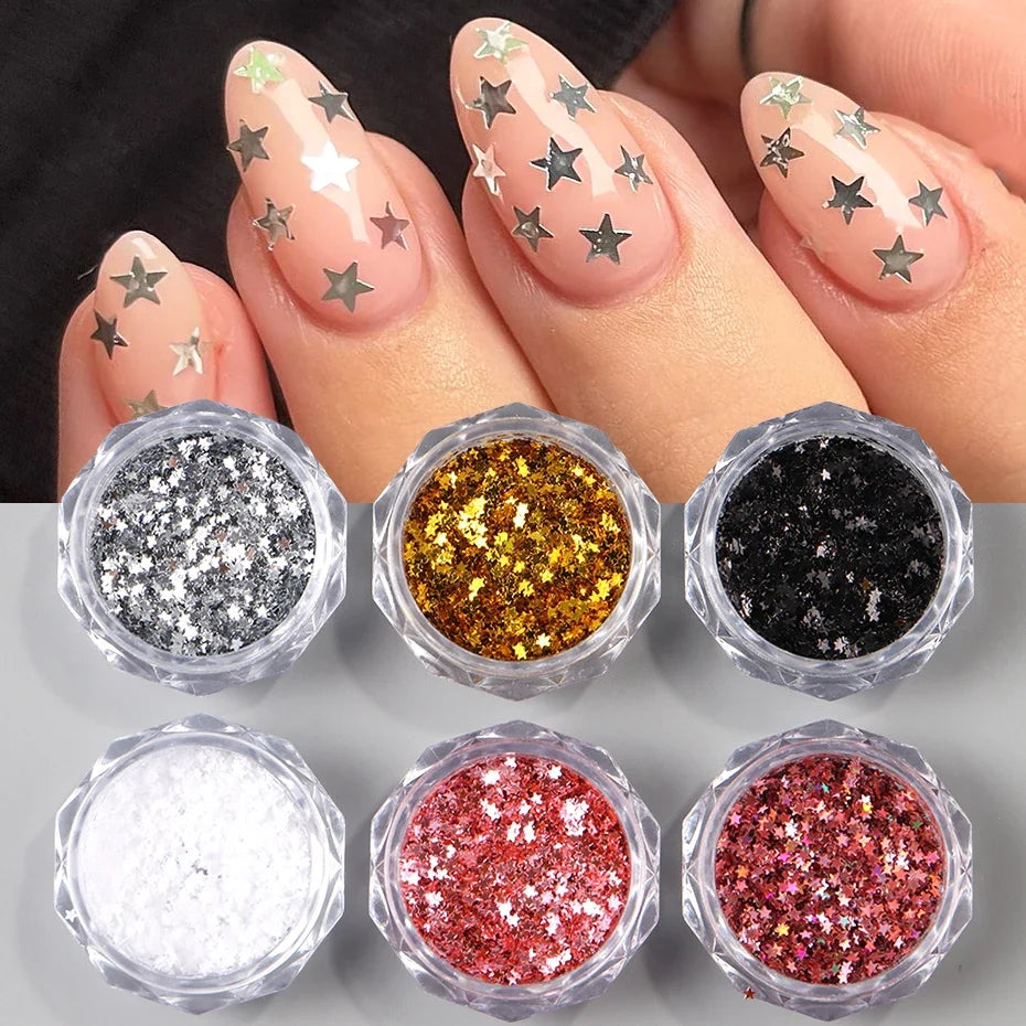 Y2K Star Nail Art Flakes – Gold Silver Pink Glitter Sequins 6pc