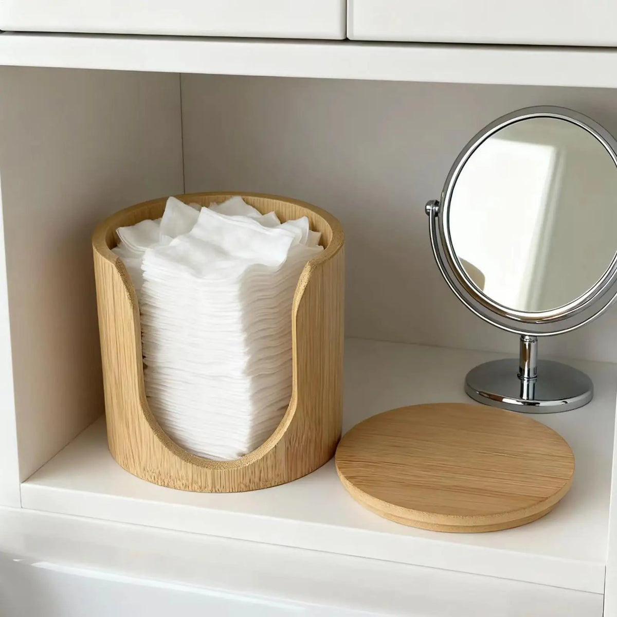 Wood Cotton Pad Holder & Makeup Organizer Box | Bamboo Style