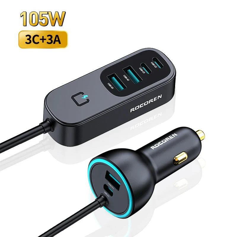 Rocoren 105W 6-Port Car Charger USB-C & USB-A Fast Charging