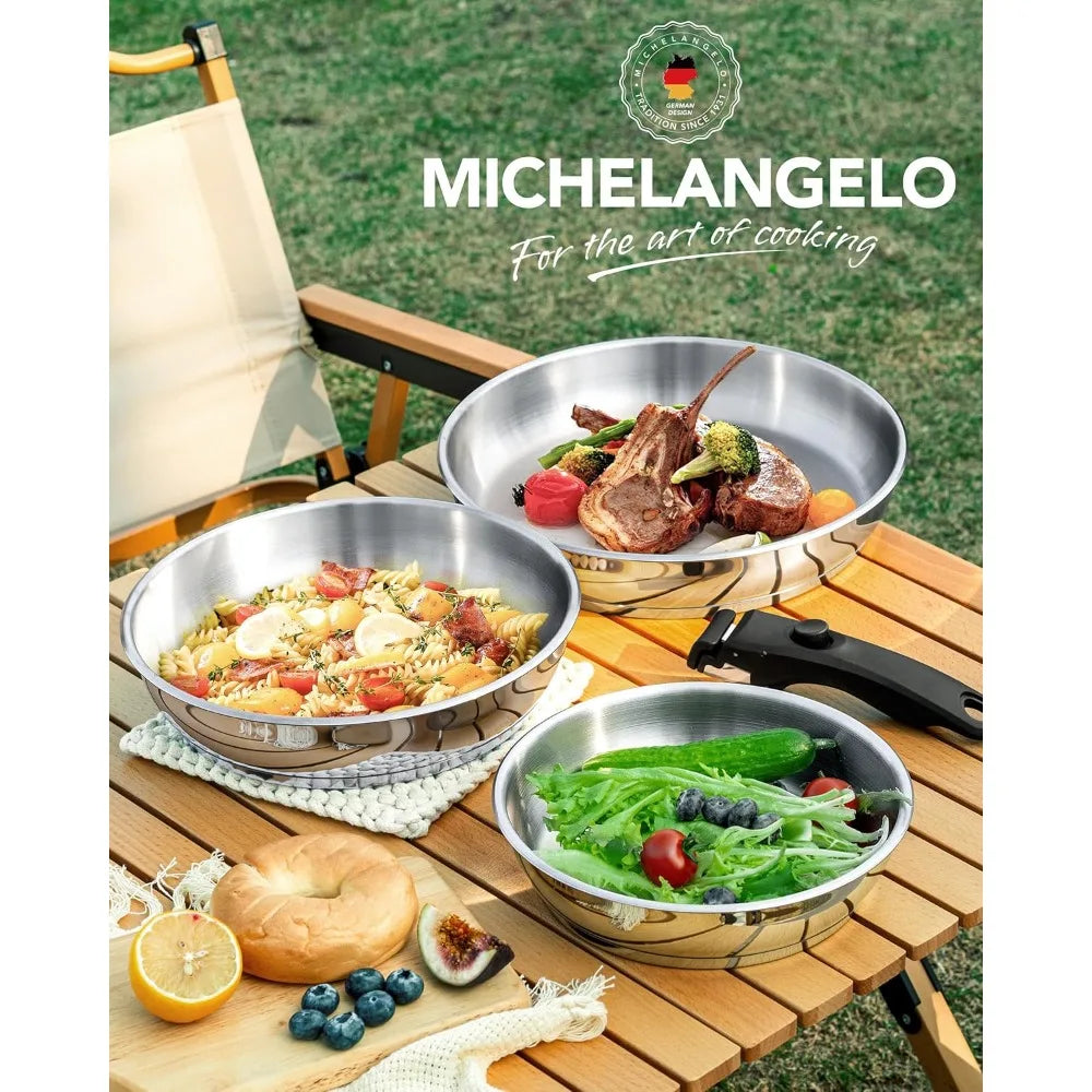 MICHELANGELO 3-Piece Stainless Steel Pan Set, Removable Handle