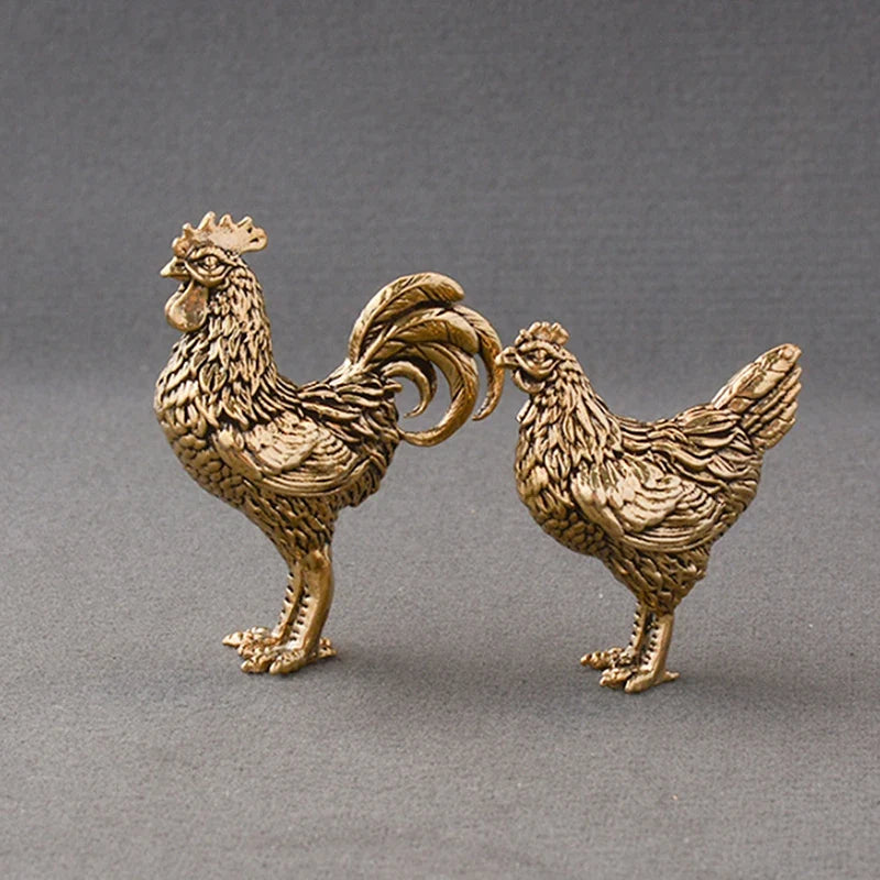 Solid Brass Rooster & Hen Miniature Statue Desk Ornament