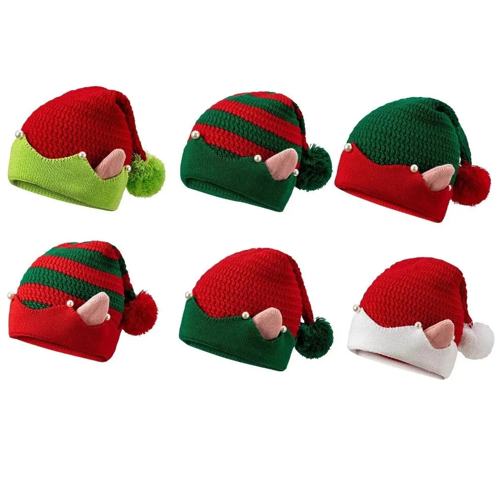 Striped Knitted Christmas Hat with Ears & Pom-Pom | Elf Santa Cap