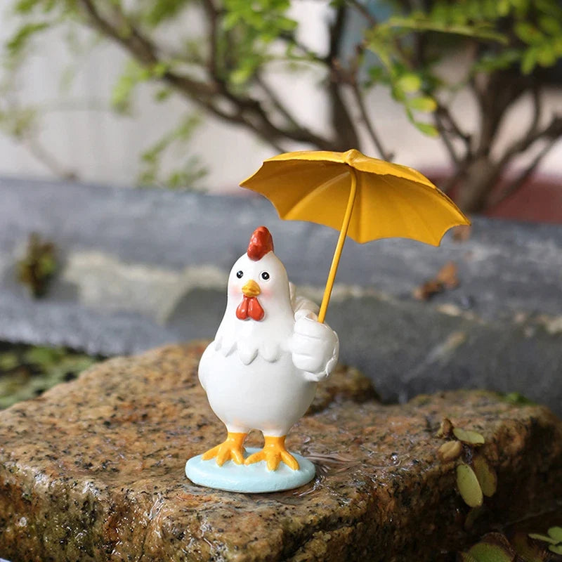 Rooster Figurine with Umbrella – Resin Garden Statue Decor