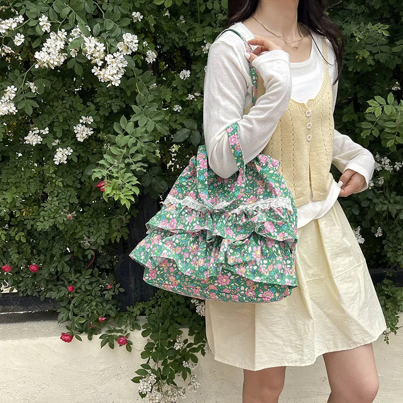 French Floral Drawstring Tote Bag – Lace Trim Canvas Shoulder Bag