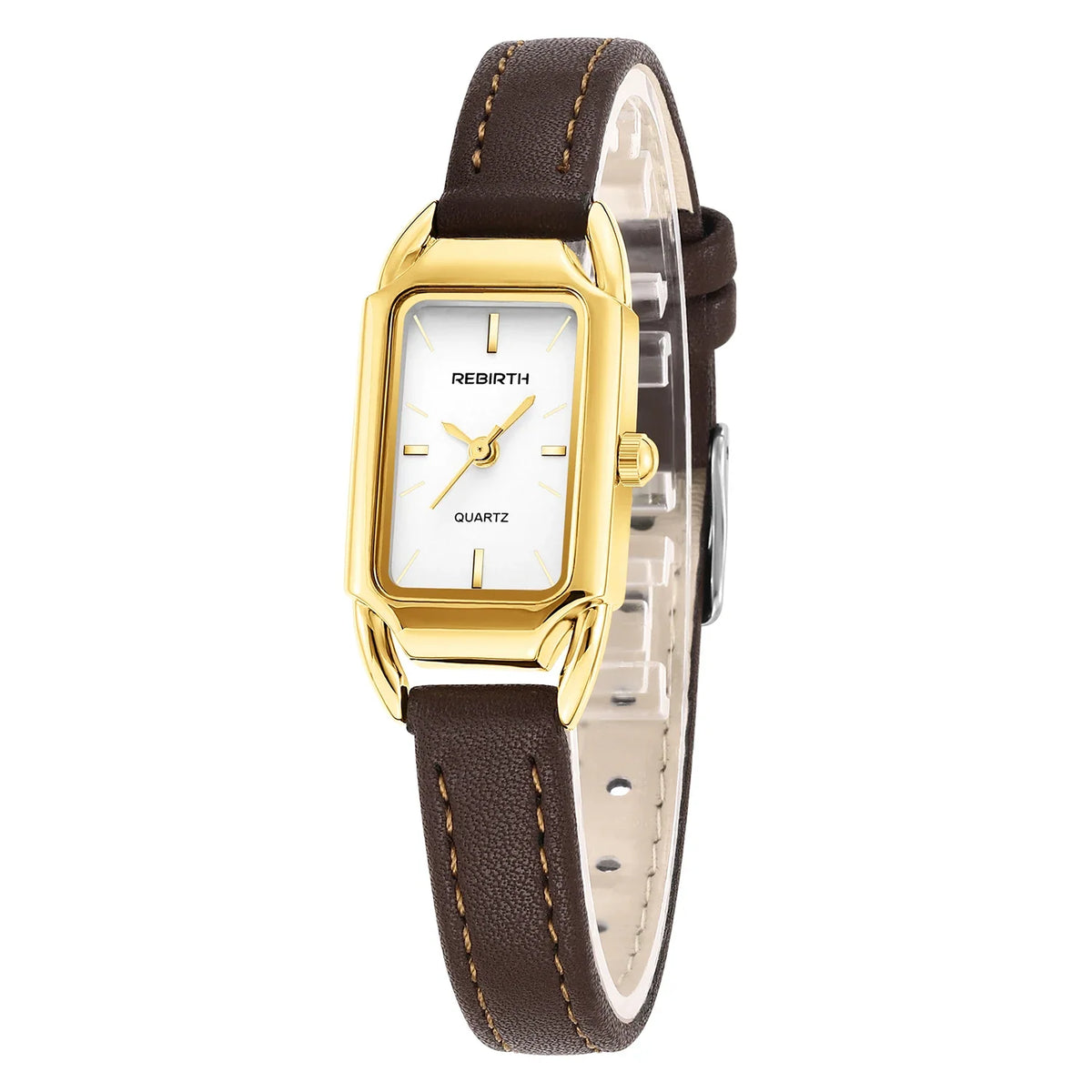 REBIRTH Women's Retro Leather Strap Quartz Watch | Rectangle Dial