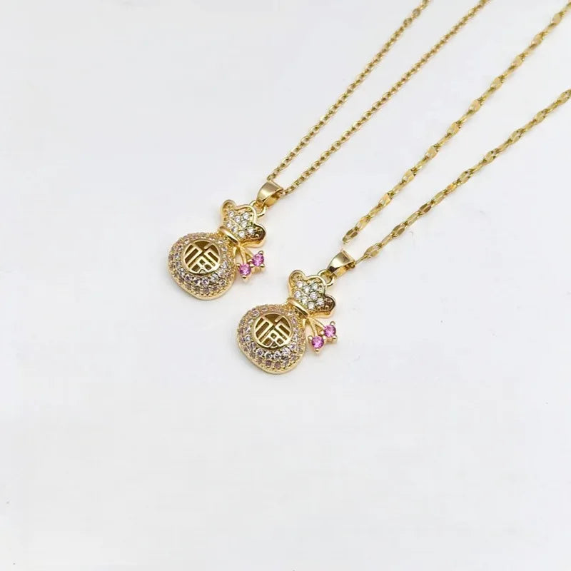 Lucky Bag Copper Pendant Zircon Necklace – Gold Clavicle Chain