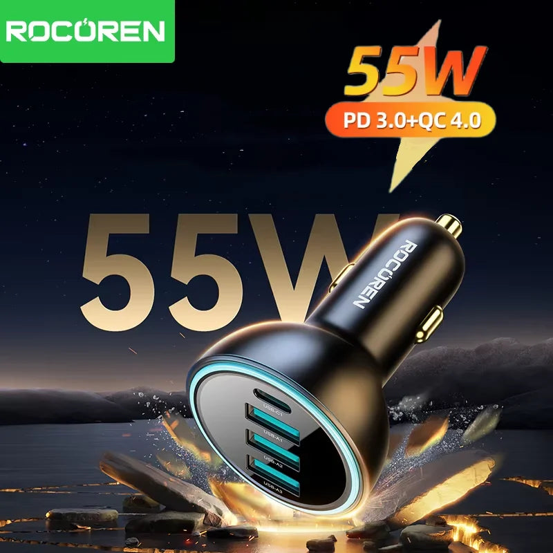 Rocoren 55W 4-Port USB-C Car Charger | QC3.0 Fast Charging