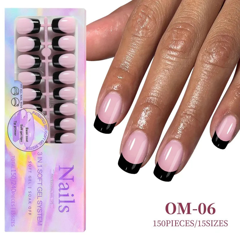 Black Pink French Tip Press On Nails with Rhinestone 24pcs