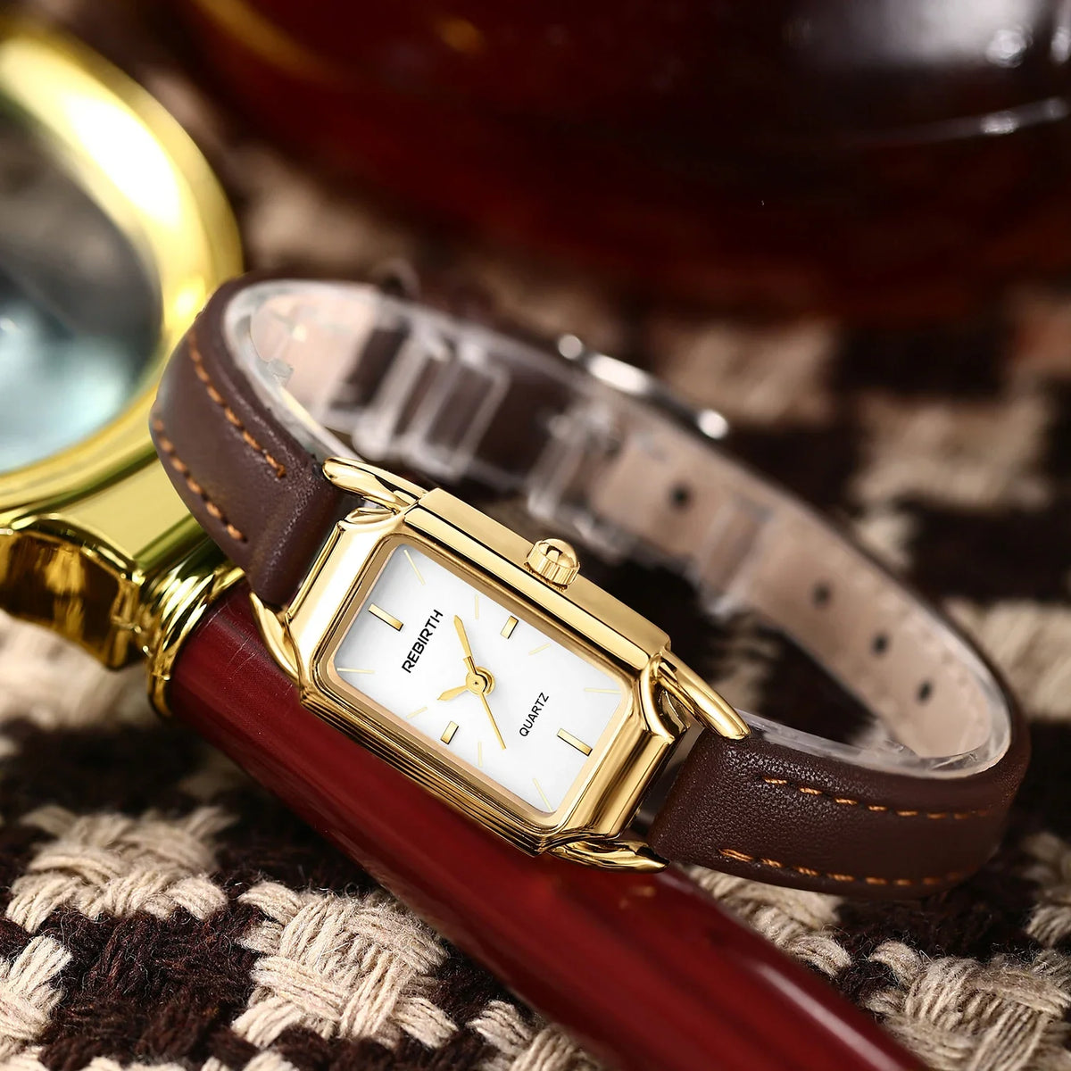 REBIRTH Women's Retro Leather Strap Quartz Watch | Rectangle Dial