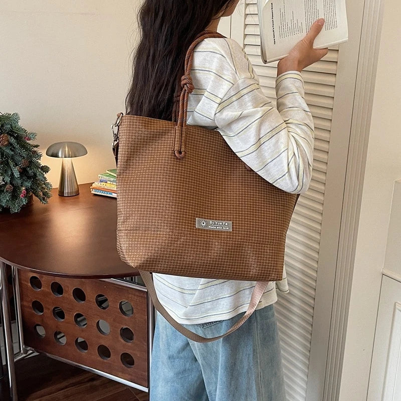 Japanese Plaid Nylon Tote Bag – Large Capacity Work & School