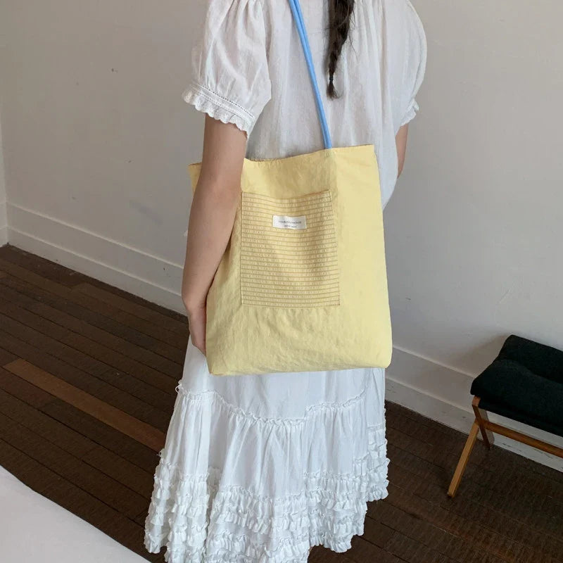 Women's Large Canvas Striped Tote Shoulder Bag | Korean Style