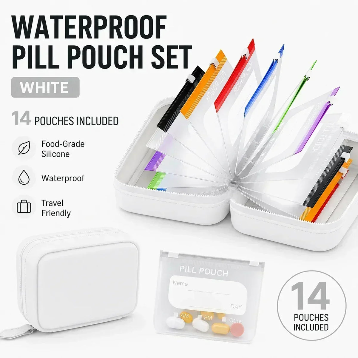 Compact Pill Organizer – 14 Zipper Pouches & Binder Case