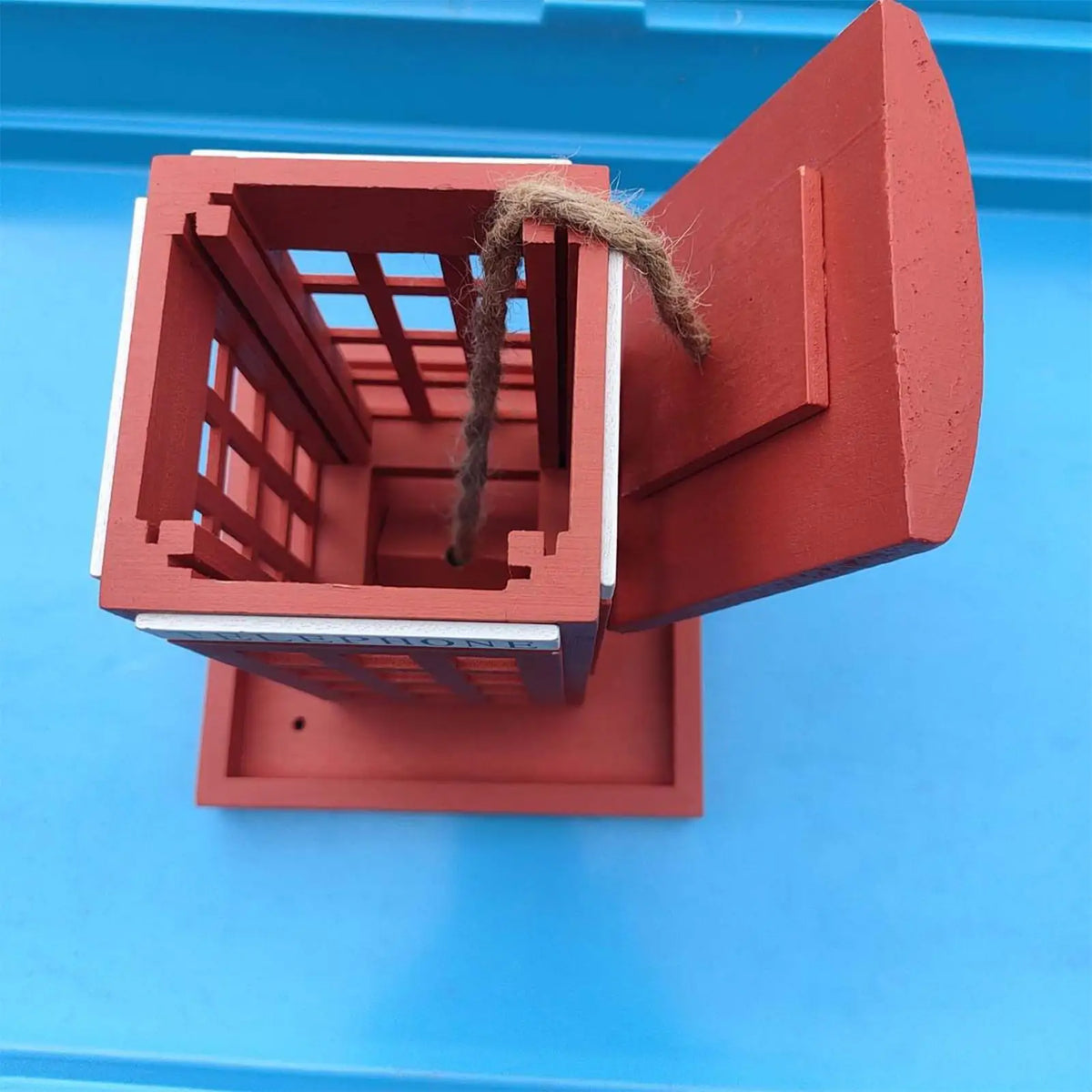 Red Telephone Box Wooden Bird Feeder – Hangable Garden Decor