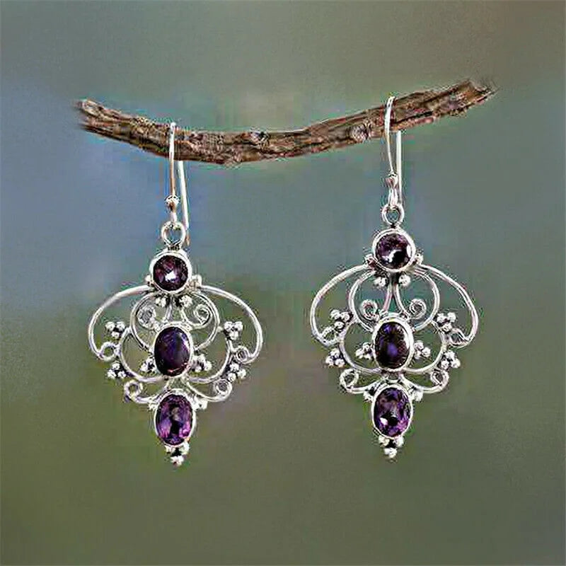 Vintage Silver Purple Crystal Hollow Flower Drop Earrings