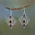 Vintage Silver Purple Crystal Hollow Flower Drop Earrings