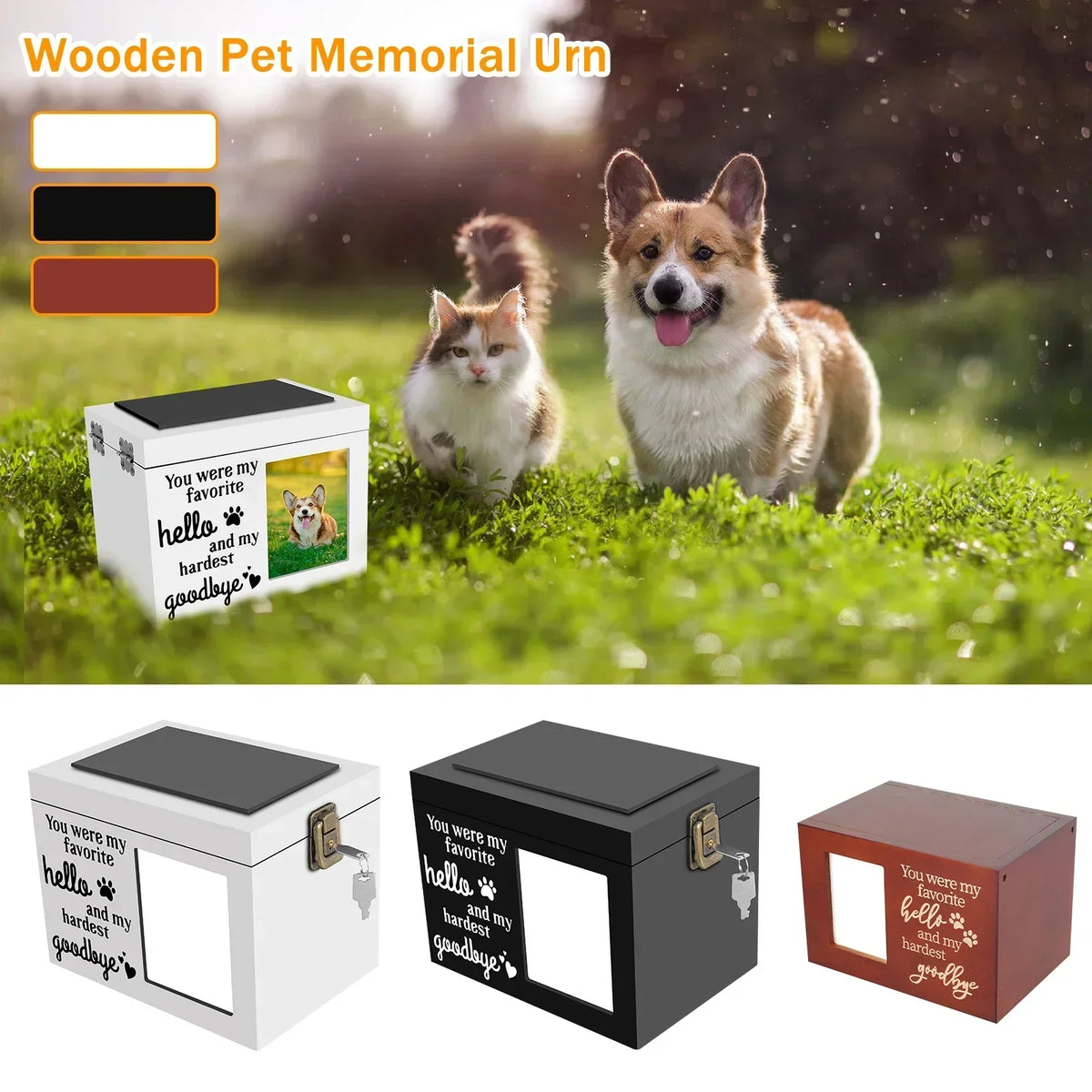 Wood Pet Memorial Urn with Photo Frame, Key & Lock – Dog & Cat