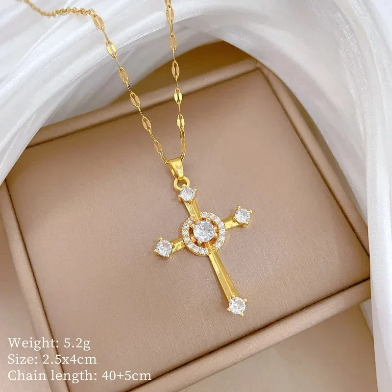 Women's Gold Cross Pendant Necklace – Stainless Steel Choker