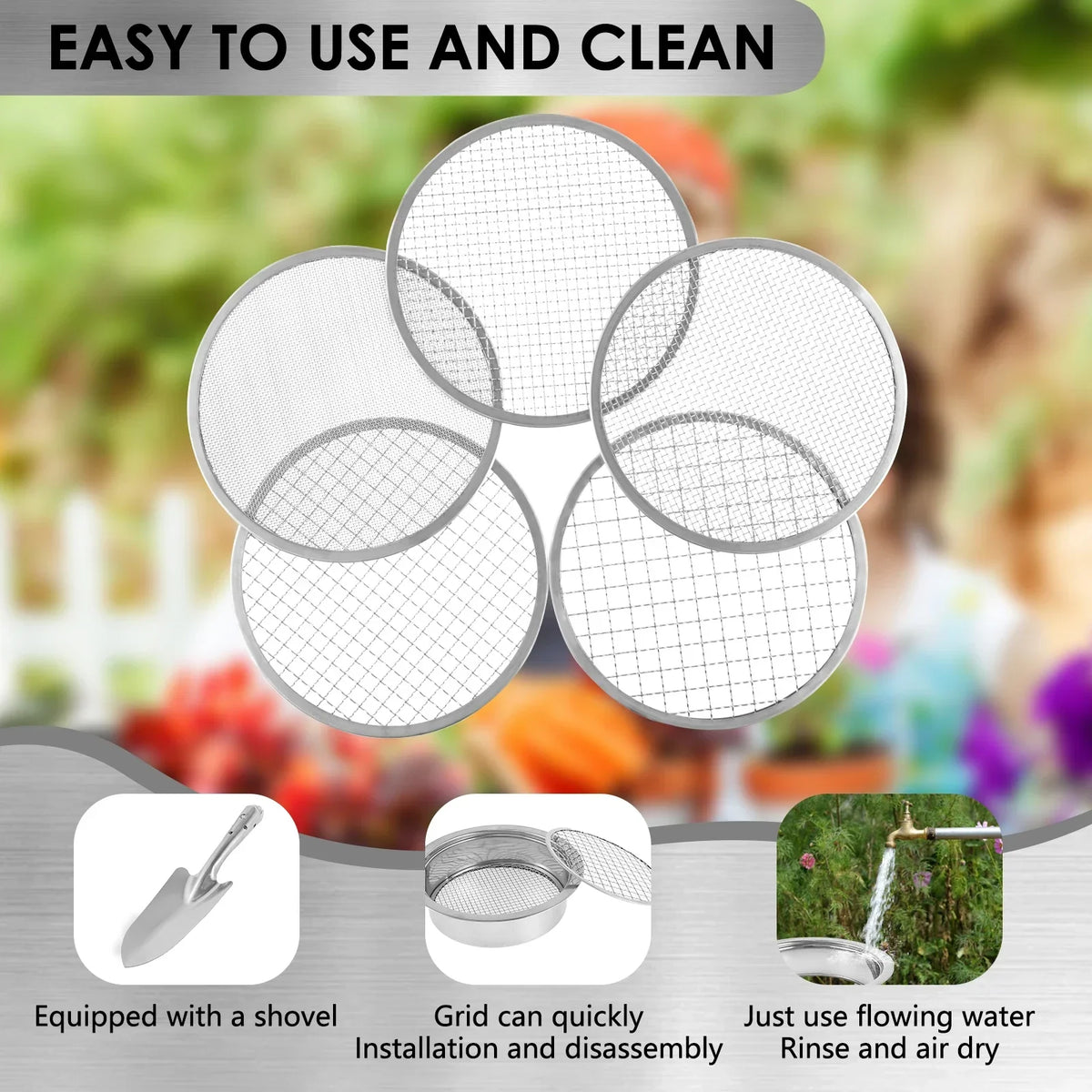 Stainless Steel Soil Sieve Set – 5 Interchangeable Meshes 9.45"