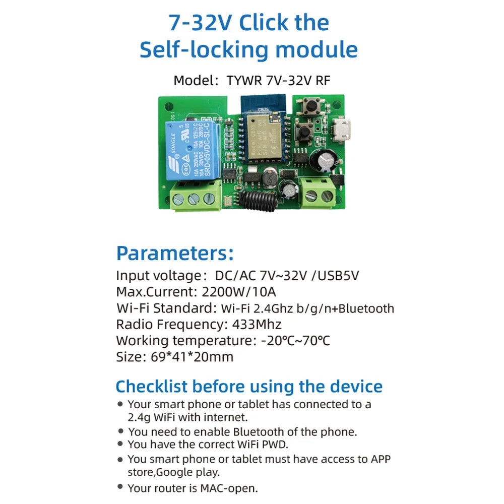 Tuya Wi-Fi Smart Relay Switch Module 1CH 10A RF 433MHz DC/AC