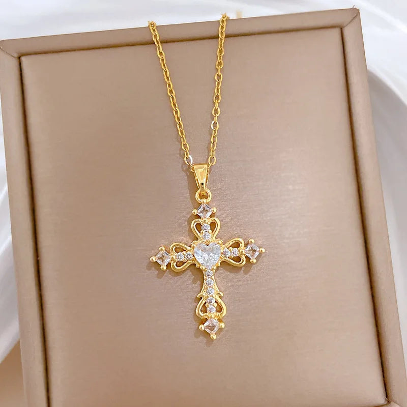Women's Gold Cross Pendant Necklace – Stainless Steel Choker