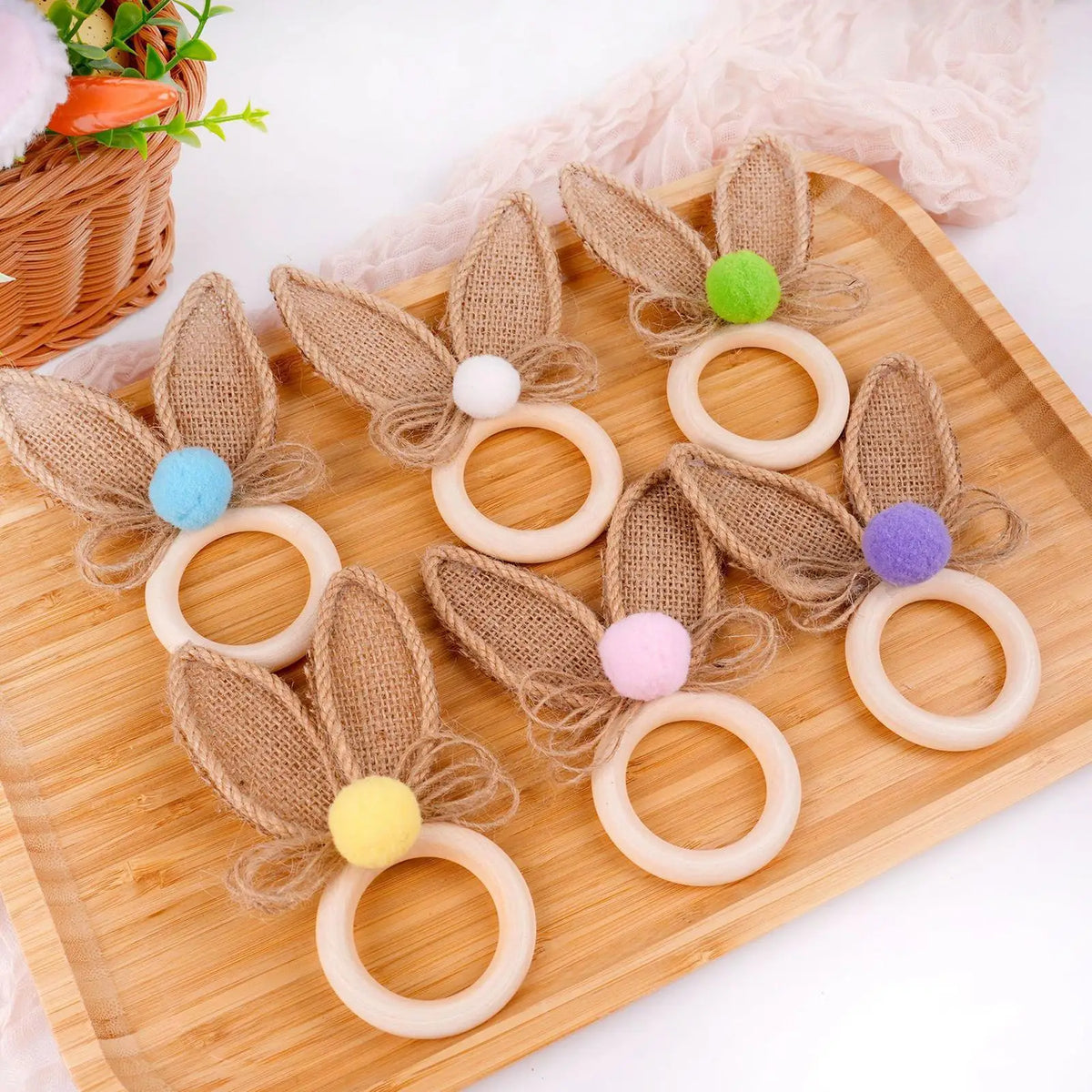 Wooden Easter Napkin Rings Set of 6 | Rabbit Ear Table Decor