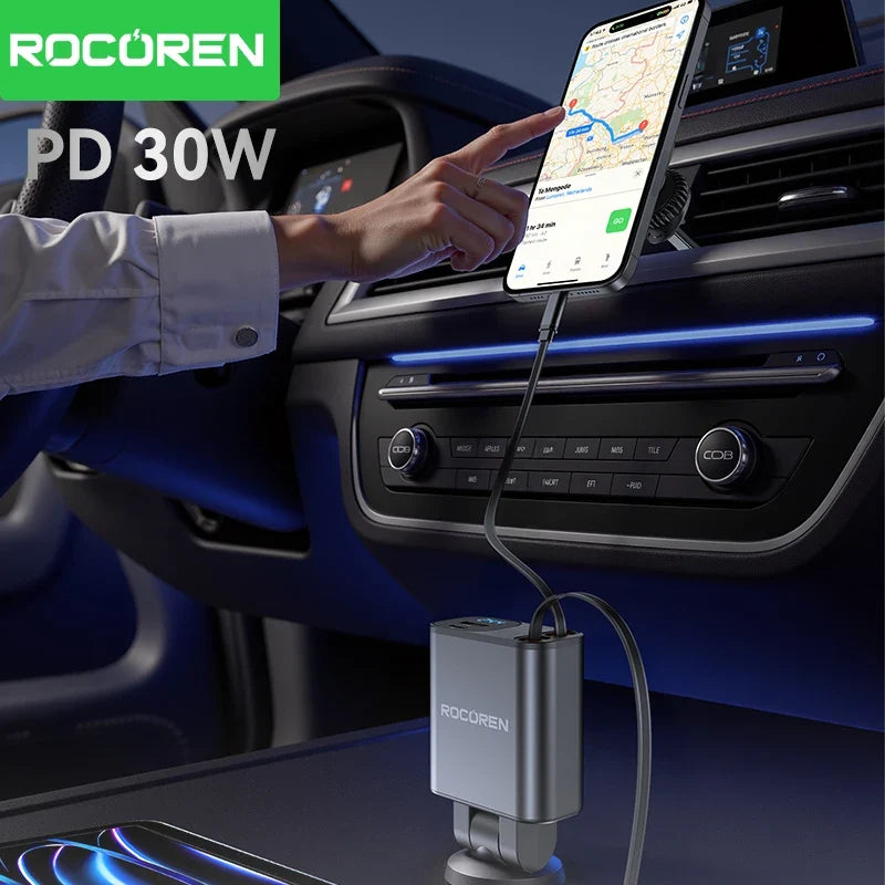 Rocoren 4-in-1 PD 30W Car Charger – Digital Display & Retractable