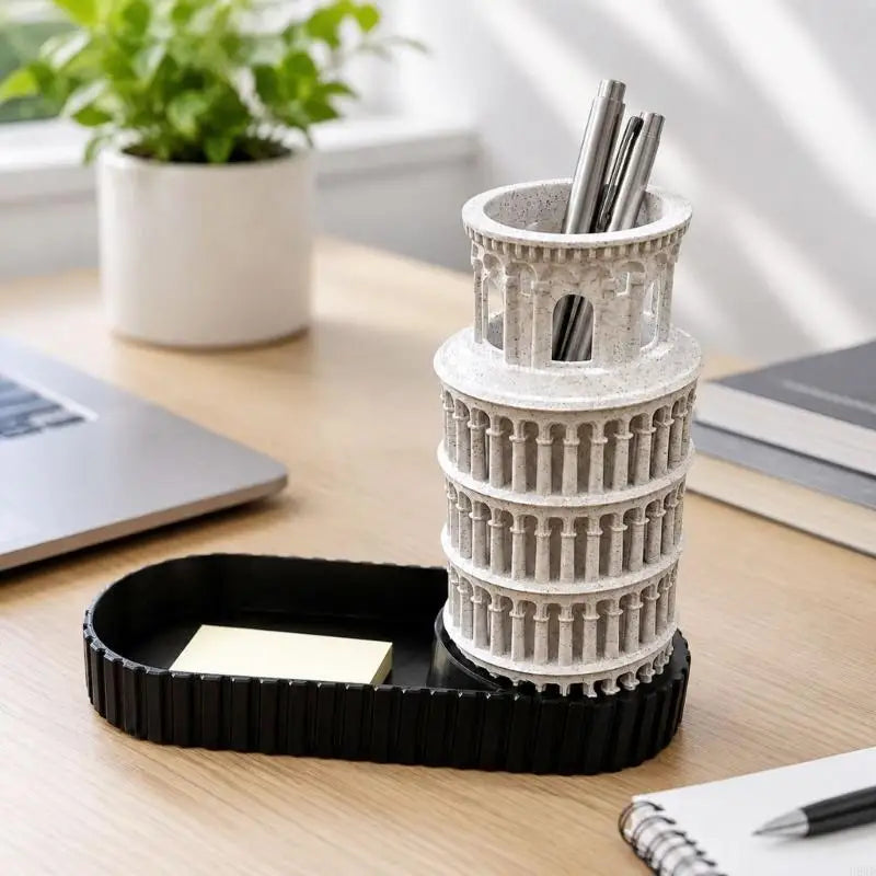 Leaning Tower Decorative Pencil Cup with Side Storage Tray