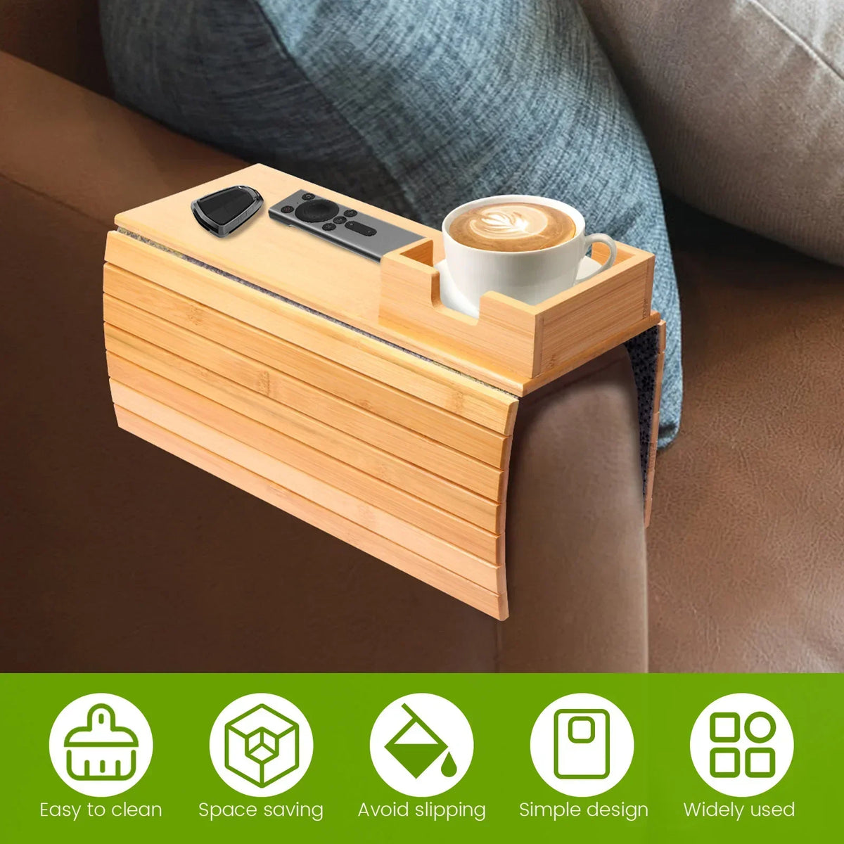 Wooden Sofa Arm Tray – Anti-Slip Couch Cup Holder Organizer
