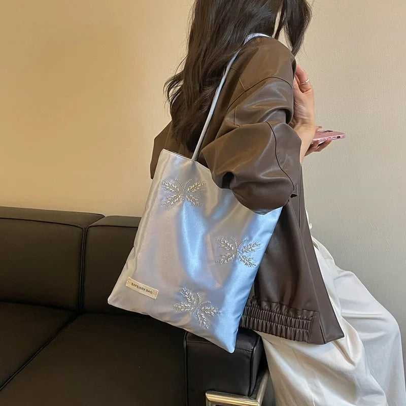 Butterfly Flower Embroidered Canvas Tote Bag – Large Shoulder