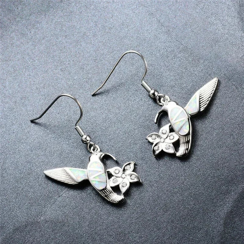White Simulated Opal Bird Flower Crystal Stud Earrings