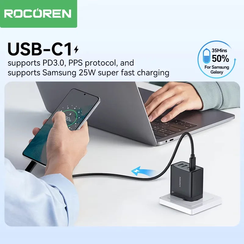 Rocoren GaN 45W 4-Port Fast Charger USB-C USB-A iPhone Samsung