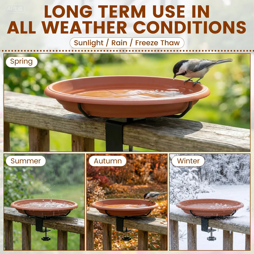 Clamp-On Railing Bird Bath – Deck Mount Plastic Birdbath Tray