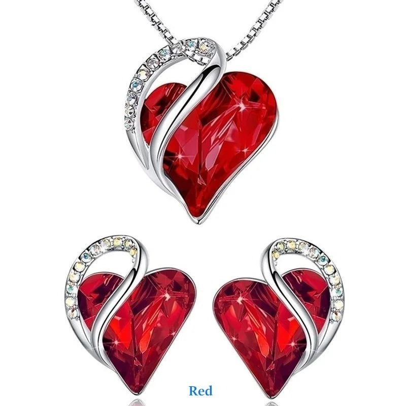 Love Heart Crystal Stud Earrings & Pendant Necklace Set