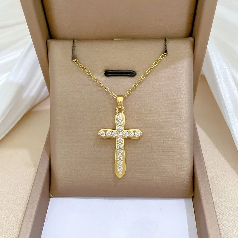 Women's Gold Cross Pendant Necklace – Stainless Steel & Zircon