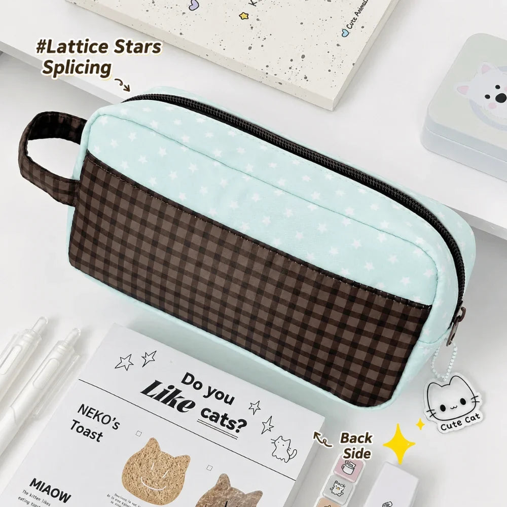 Mint Chocolate Cat Print Pencil Case – Large Capacity
