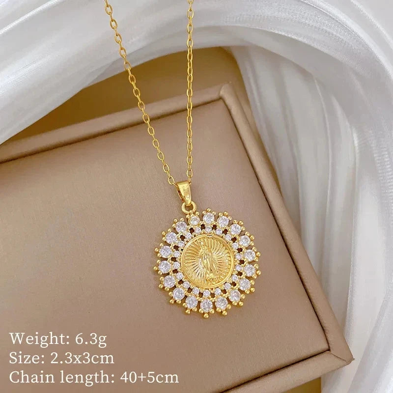 Women's Gold Plated Round Portrait Pendant Choker Necklace