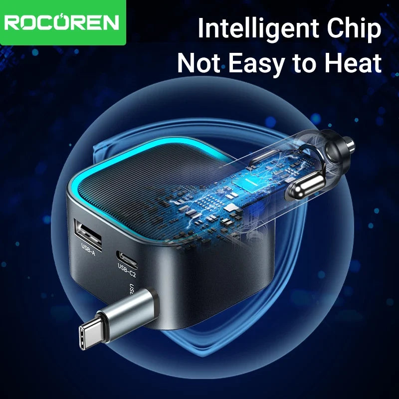 Rocoren 3-in-1 PD 30W Retractable Car Charger 2C+A Ports