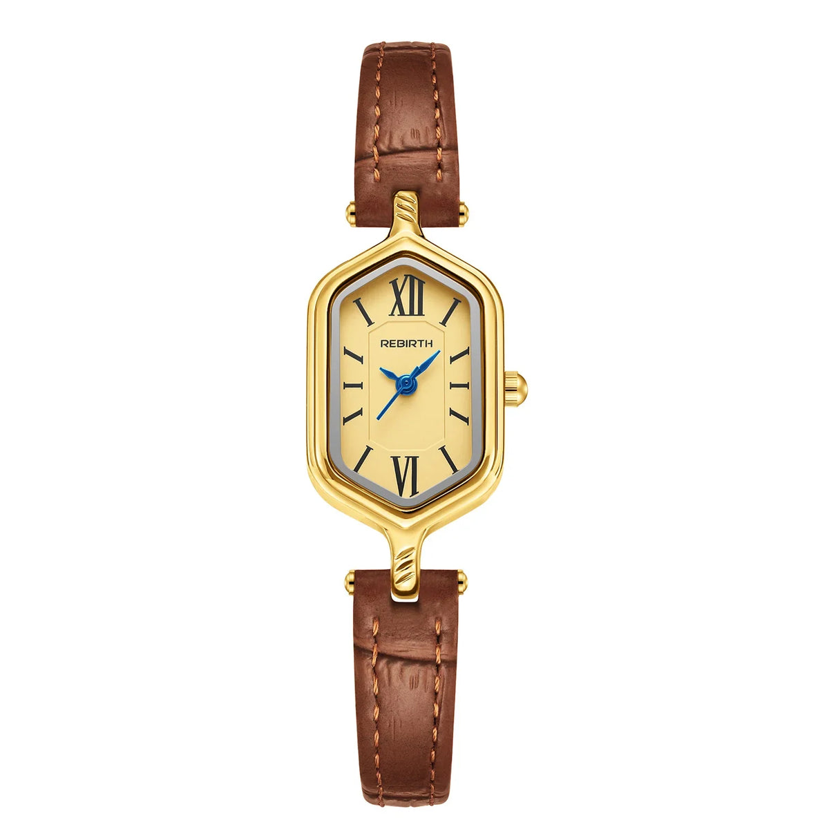 REBIRTH Women's Retro Gold Quartz Watch – Barrel Dial & Leather Strap