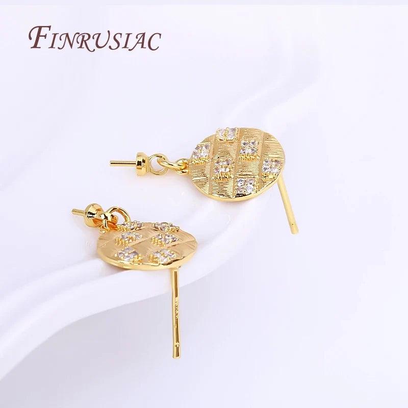 18K Gold Plated Zircon Round Post Earring Findings | DIY Pearl