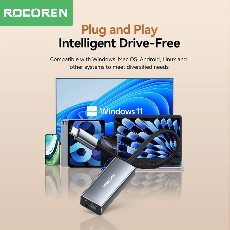 Rocoren USB-C to RJ45 Gigabit Ethernet Adapter 1000Mbps