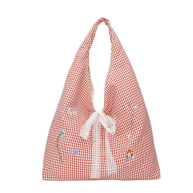 Women's Plaid Shoulder Bag with Embroidered Flowers | Large